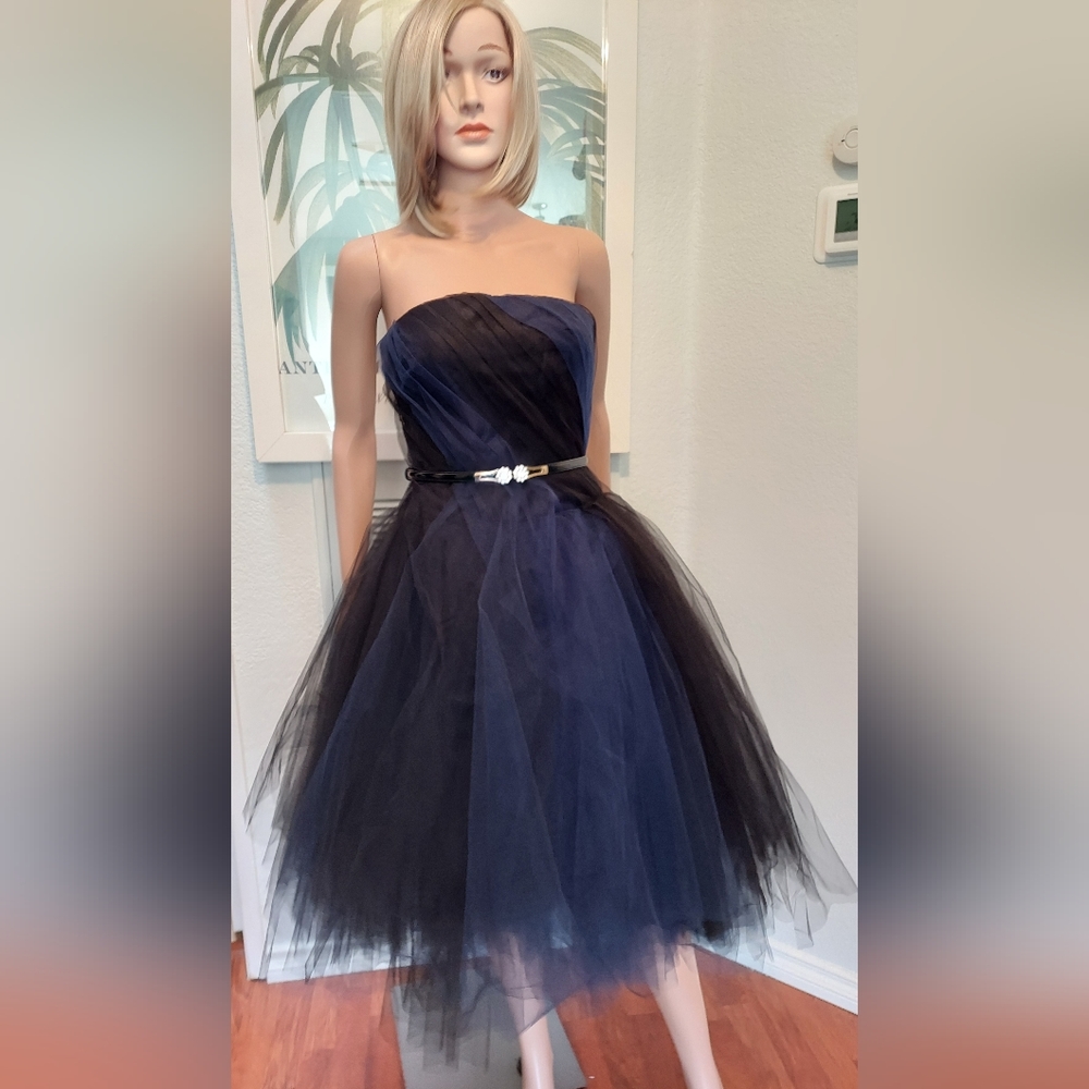 $5,700 OSCAR DE LA RENTA EXCLUS SILK LINED BLUE BLACK TULLE RUNWAY DRESS US 0 - Picture 6 of 13